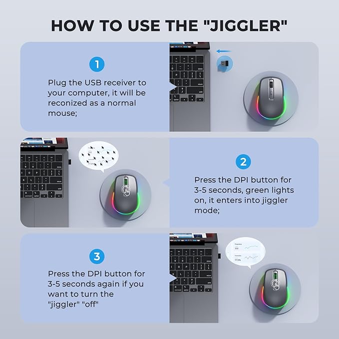 PEIOUS Wireless Mouse Jiggler - LED Wireless Mice with Build-in Mouse Mover, Rechargeable Moving Mouse for Laptop with Undetectable Random Movement Keeps Computers Awake - Space Grey