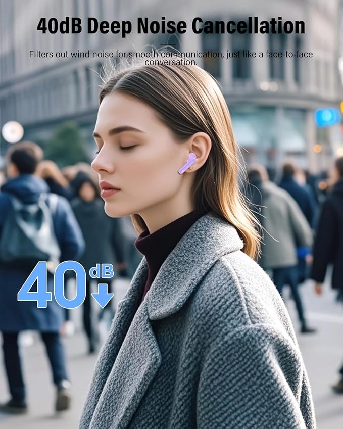 Wireless Earbuds, Bluetooth 5.4 Headphones Bass Stereo, Ear Buds with Noise Cancelling Mic, LED Display in Ear Earphones Clear Calls, IP7 Waterproof Bluetooth Earbuds for Laptop/Phones/Sports, Purple