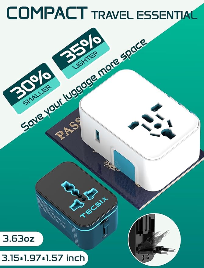 Universal Travel Adapter Worldwide PD 20W, TECSIX International Power Adapter Fast Charging with 2 USB C, 2 USB A Multi Outlets, Gan Travel Plug Adaptor for EU US UK AUS 200+ Countries
