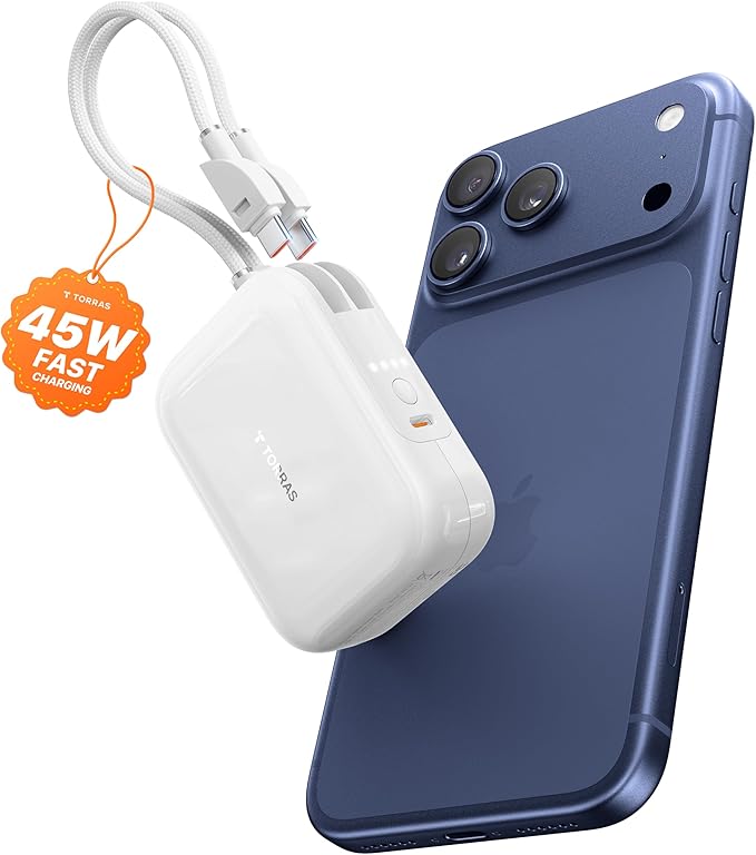 TORRAS 10000mah Portable Charger Power Bank 45W Fast Charging [Daily Use & Travel Essential] Built in Cable USB C, Phone Battery Pack Powerbank for iPhone 17 16 15, Samsung S25, S24, Google Piexl etc