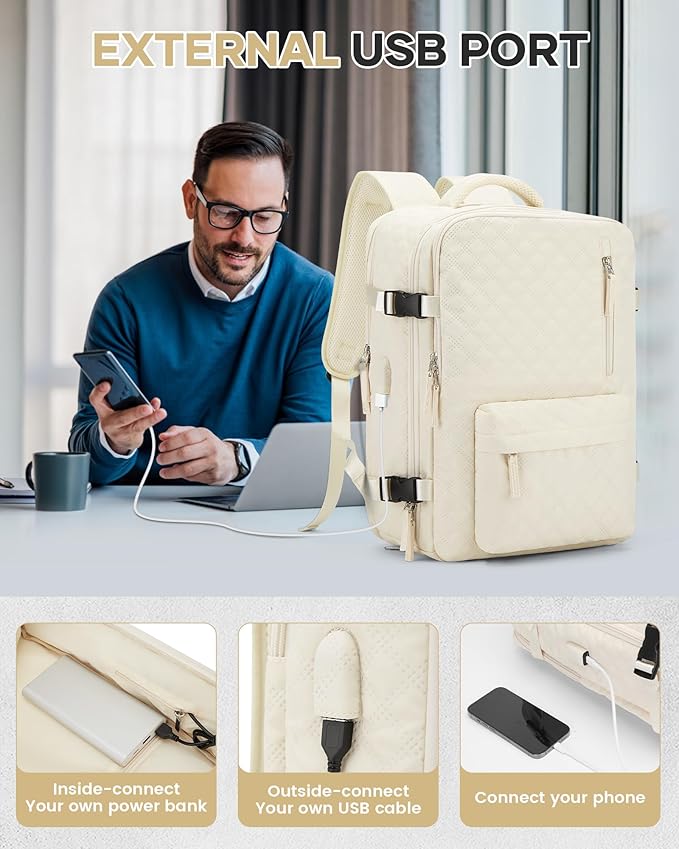 Vacuum Travel Backpack with Pump for Women,Personal Item Carry on Backpacks Flight Approved 18x14x8 inches for Men,Laptop Waterproof Work Compression bags Casual Daypack Beige.