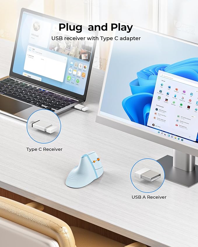 seenda Ergonomic Mouse Rechargeable, 2.4G USB & Type C Vertical Wireless Ergo Mouse with Instant Desktop Return Key, Quiet Click, Palm Rest, Anti-Slip Optical Mice for Mac OS, Windows, Blue