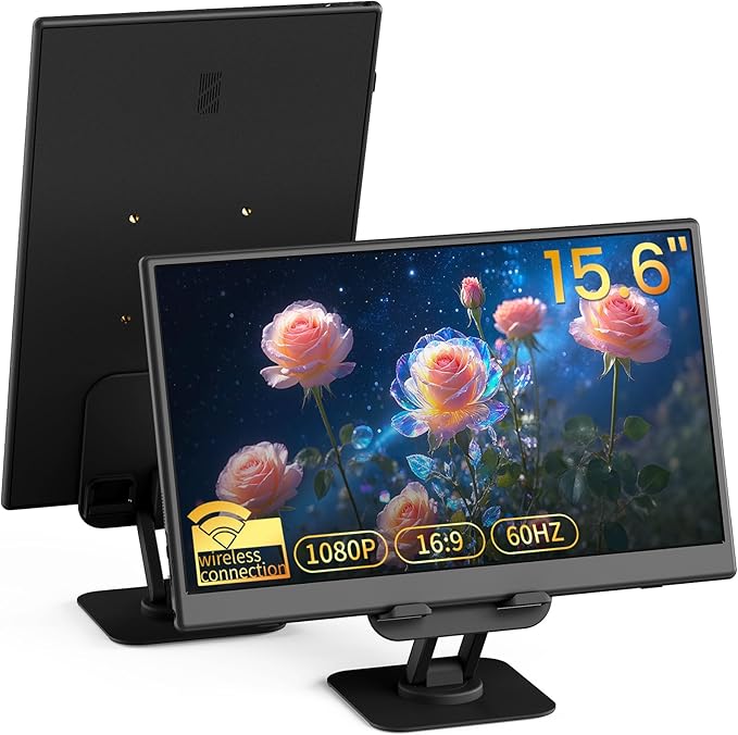 Wireless Portable Monitor for Laptop/PC, 15.6" FHD IPS Travel Monitor with Stand, Built-in G-Sensor, Auto Rotate, HDMI/Type-C, Eye Care, PU Bag, VESA Mount for Mac/Phones/PS5/PS4/Xbox/Switch