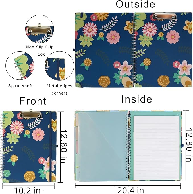 Clipboard Folio Spiral Folder Board,5 Extra Folders with 10 Storage Pockets,Refillable Lined Fillable Notepad,Folded Clipboard with Storage,Suitable for Office,School and Student (Blue Flowers)