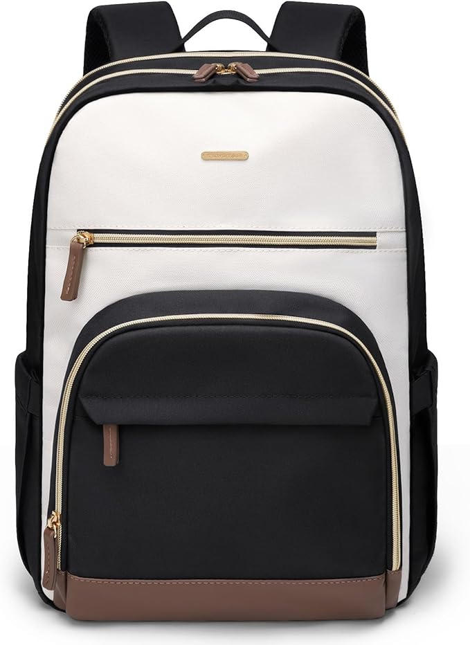 TENSTAR Laptop Backpack for Women, Computer Backpack Fit 16 Inch Notebook, Large Capacity College Backpack Bookbag Casual Daypack for Travel, Black with Beige