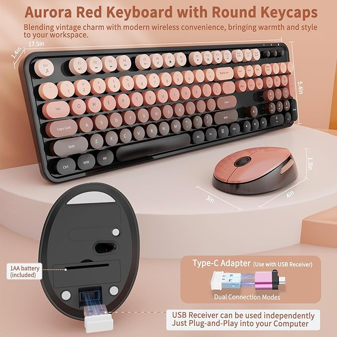 Wireless Keyboard and Mouse Combo, Full-Size Retro Typewriter Keyboard with Round Keycaps, Ergonomic Design for Windows PC, Home and Office Use -Red