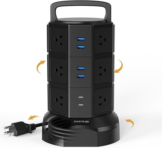Power Strip Tower Surge Protector, JACKYLED 1625W 13A Outlet Surge Electric Tower, 12 Outlets 6 USB Ports Charging Station with 16AWG 6.5ft Heavy Duty Extension Cord for Home Office Dorm Black