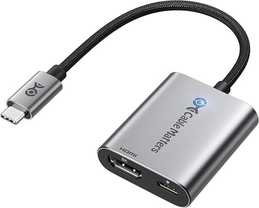 Cable Matters 48Gbps USB C to HDMI 2.1 Adapter with 140W Charging for MacOS, Windows, Supports [4K@240Hz /8K@60Hz HDR], Thunderbolt to HDMI Adapter, Compatible for MacBook, XPS, NO VRR Support