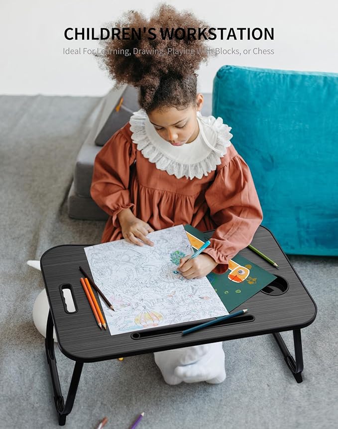 Laptop Bed Desk, Foldable Lap Table, Portable Study Table, Laptop Stand with Cup Holder & Tablet Slot & Lifting Handle for Working Writing Drawing & Eating - Black