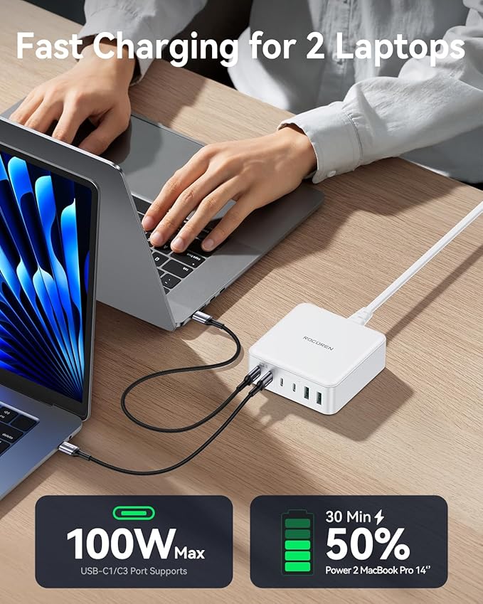 270W USB C Charger Block, Rocoren 6 Port Multi USB-C Charging Station,100W PD Fast USBC Gan Charger Station Hub Dock for Multiple Devices, Laptop Type C for MacBook/iPhone 16/iPad/Galaxy S25