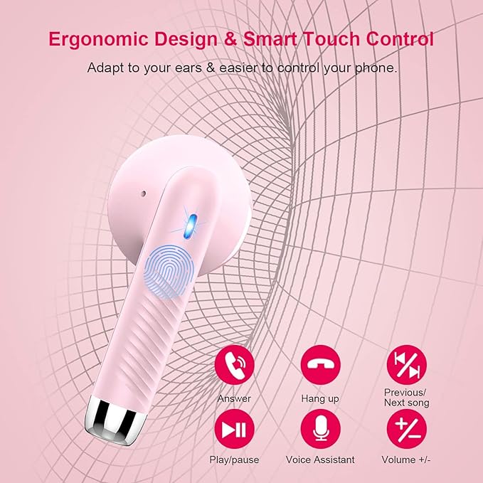Wireless Earbuds, Bluetooth 5.4 Earbuds Stereo Bass, Bluetooth Headphones in Ear Noise Cancelling Mic, Earphones IP7 Waterproof Sports, 32H Playtime USB C Charging Case Pink Ear Buds for Android iOS
