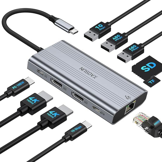 XAOSUN 10 in 1 USB C Docking Station Dual 4K Monitor, 10Gbps USB C HUB with 2 HDMI 4K@60Hz, USBC Dock with 10Gbps USB A and C, Gigabit Ethernet, PD 100W, SD/TF (microSD) for Lenovo/Mac/Dell/HP/XPS