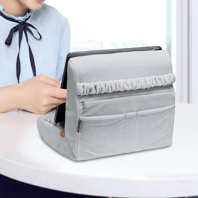 MOSISO Tablet Pillow Stand,Soft Tablet Holder for Lap,Tablet Soft Pad Dock with Pockets&Stylus Slot&4 Viewing Angles Compatible with iPad Pro 12.9,11,10.5,9.7,Air Mini 6,5,4,3, E-Reader, Gray