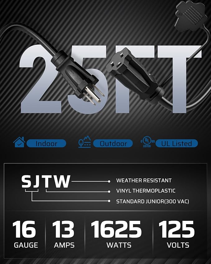 DEWENWILS 25Ft Outdoor Extension Cord Multiple Outlets, Evenly Spaced 3 Outlets Plugs with Safety Cover, 16/3 SJTW Weatherproof Wire for Outdoor String Lights and Holiday Decorations, UL Liste