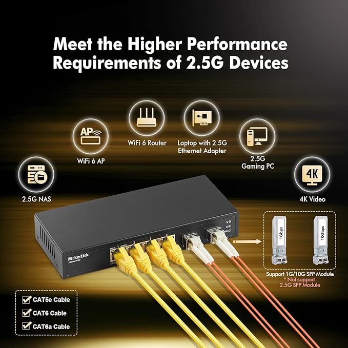 MokerLink 4 Port 2.5G Ethernet Switch with 2 Port 10G SFP+ Slot, 4 x 2.5G Base-T Ports Compatible with 10/100/1000Mbps, Metal Unmanaged Fanless Small Network Switch