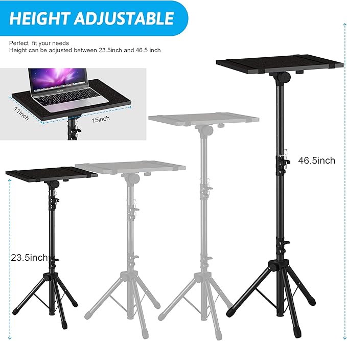 Projector Stand Tripod Adjustable, Laptop Height from 23.5 to 46.5 inches with Gooseneck Phone Holder, Floor for Office, Home, Stage, Studio, DJ Racks Holder Mount, 23.5inch-46.5inch