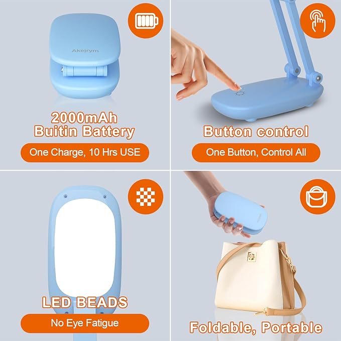 LED Desk Lamp for Office & Home, Battery Operated, Foldable & Portable Light, 2-Fold Bracket, 3 Brightness Dimmable, Wireless Reading Lamp (Blue)