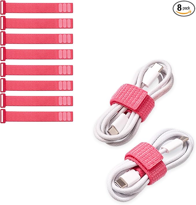 Wrap-It Storage Cinch Straps - 5" (8-Pack) Coral - Appliance Cord Organizer and Cable Ties for Chargers and Home Office Accessories