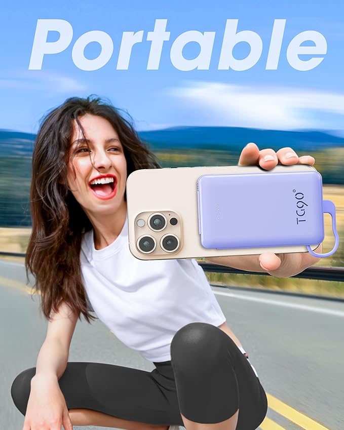 TG90° Portable Phone Charger Ultra Mini Power Bank with Built-in Foldable AC Wall Plug and Cables,5000mAh External Battery Pack Compatible with iPhone and Android Smart Devices