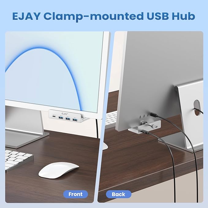 EJAY Mountable 4Ports USB3.0 HUB Alu Desktop Clamp Type C USB3.0 Splitter for Desk/Monitors with Extra Power Supply Port,59inches Data & 39inches Power Cables-5Gbps (BJ-3A1C-SV)