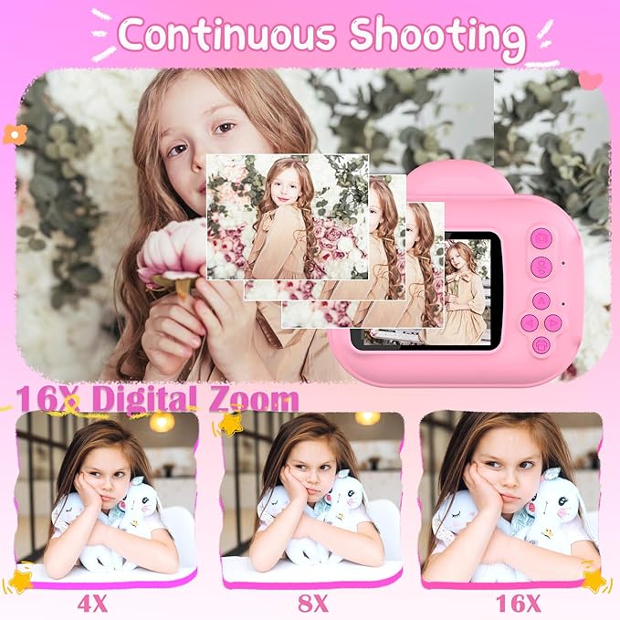 Kids Camera Instant Print Camera for Kids, Toddler Cameras Christmas Birthday Gifts for Girls Boys, 1080P HD Digital Video Cameras, Instant Camera Toy for 4 5 6 7 8 9 10 Year Girl with SD Card (Pink)