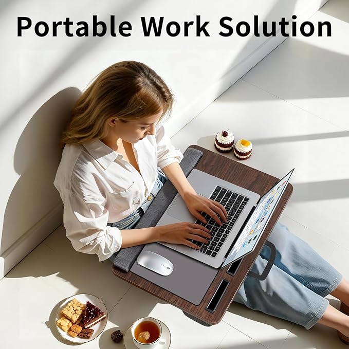 Home Office Lap Desk with Wrist Rest Wrist Rest, Mouse Pad, and Phone Holder Large Laptop Bed Desk for Notebook, Laptop, Tablet, Lap Stand Fits Up to 17 Inch Laptops (Brown)