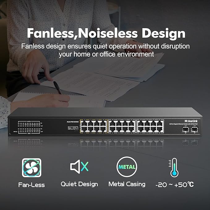 MokerLink 26 Port Gigabit PoE Switch, 24 Gigabit PoE+ Ports, 2 Gigabit SFP Uplink, 300W IEEE802.3af/at, Fanless Rackmount Unmanaged Plug and Play Ethernet Switch