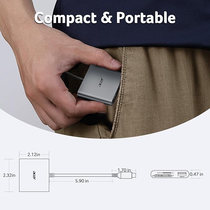 Acer SD Card Reader USB C, 3 in 1 Memory Card Reader with Dual Slots & USB 3.0, Micro SD Card Adapter for iPhone 16/15 Compatible with Camera, Android, MacBook Pro/Air, Laptop