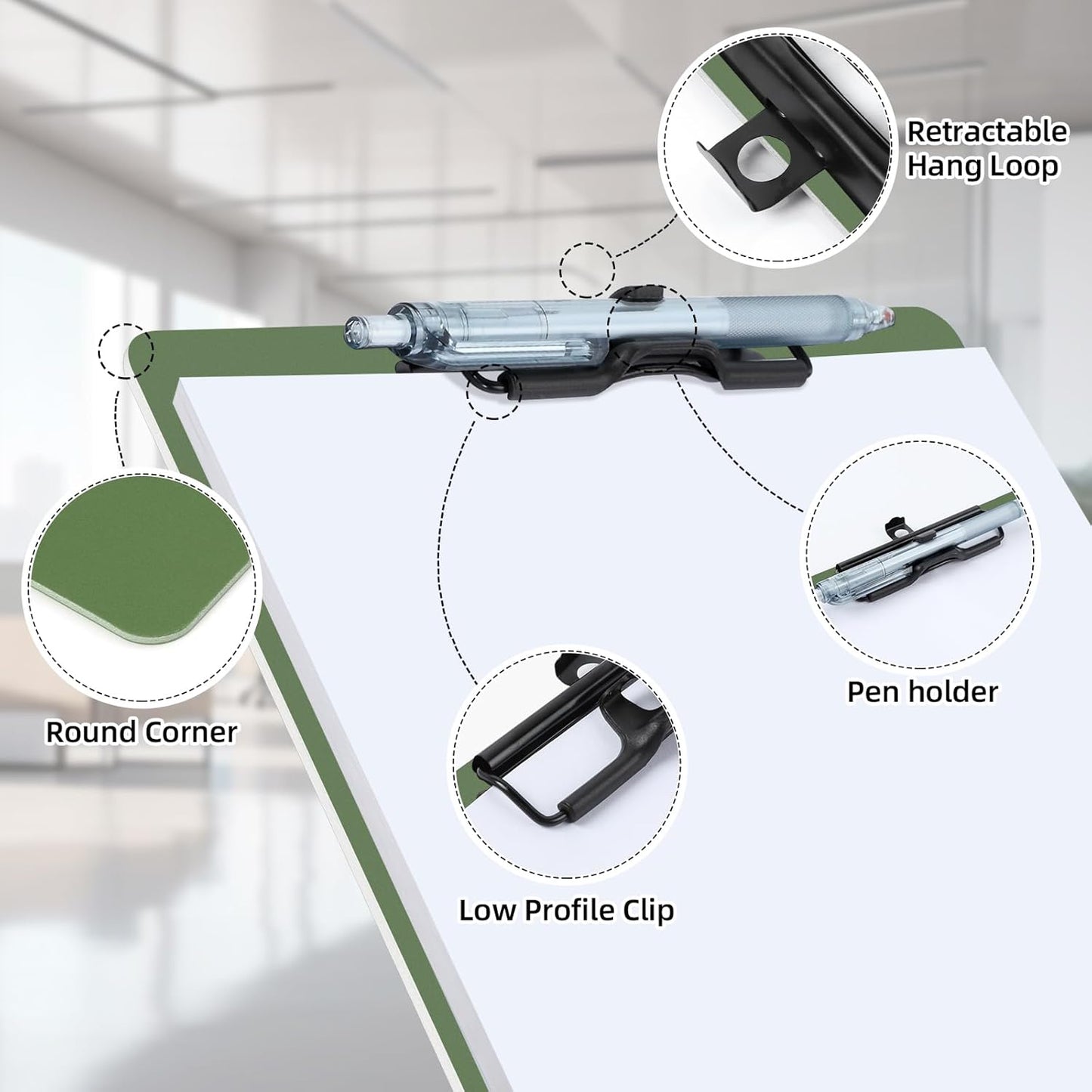 Clipboard with Pen Holder, 6 Pack Plastic Clipboard with Low Profile Metal Clip, Hanging Clip Boards Holds 8.5x11 Inch Papers, Standard A4 Letter Size Clip Boards for Offices & School, Green