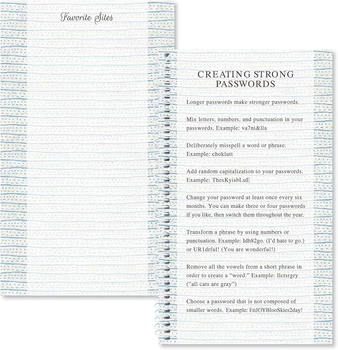 Current By The Sea Password & PIN Keeper Book, 94 Pages, 5” x 8.5” Size Spiral Bound, Soft Cover Internet Organizer for Offline Website, Login, & Username Storage