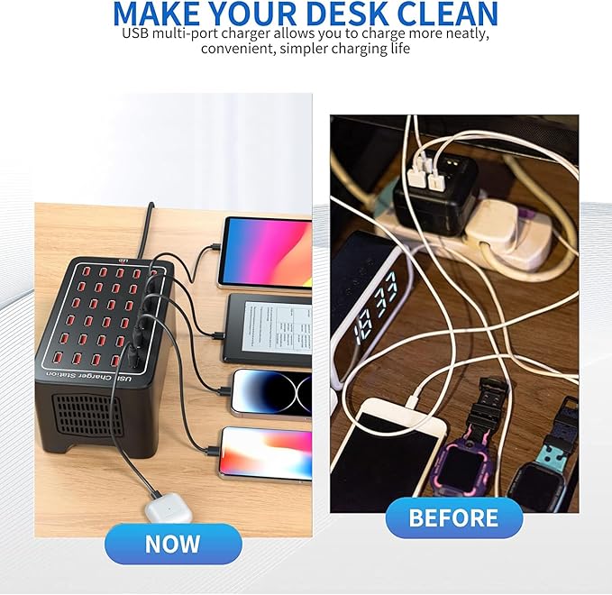 30 Port USB Charger, 150W/30A USB Smart Charger, 30-in-1 Desktop Charging hub, Multi-Port USB Charging Station for Samsung/iPhone/iPad/Google Pixel/Tablets and Other USB Electronics