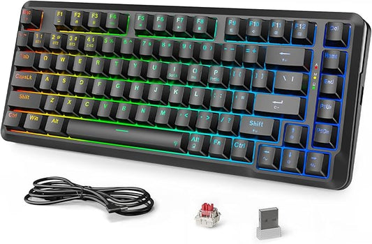 Redragon K713 Wireless Mechanical Keyboard, Gasket Mounted RGB Gaming Keyboard, 3-Mode (2.4G/BT/USB), Pre-Lubed Linear Red Switches, 75％ Layout, 82 Keys Hot Swappable for PC/Mac - Black