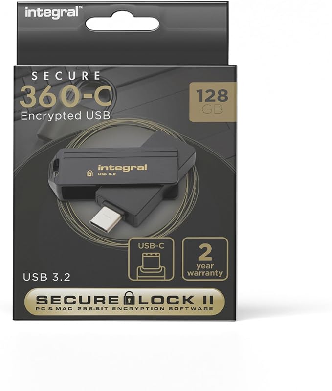 Integral Secure 360-C 128GB Software Encrypted USB Flash Drive - USB-C Connector - 256-bit AES encryption - Compatible with Mac, MacBook, PC, Laptop