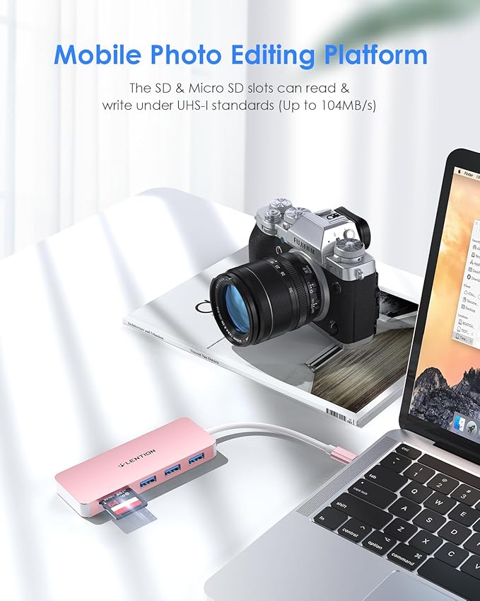 LENTION USB C Hub, 5-in-1 USBC Multiport Adapter with 3 x Powered USB 3.0 Ports 5Gbps, SD/TF Card Reader, for MacBook Pro/Air, iPad, Surface, iPhone 15 & More, Stable Driver 3.0, Rose Gold (CB-C15)