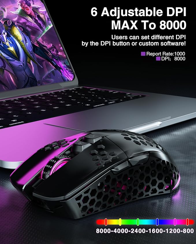 SM600 Honeycomb Shell Gaming Mouse Wireless,Tri-Modes BT5.1/2.4G Wireless/Type-C Wired Gamer Mouse with 2 Side Buttons, Macro Programmable and RGB Light for PC/Mac/Laptop,Black