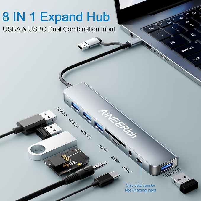USB Hub,USB C Hub Multiport Adapter,8 in 1 USB-C Hub Extended 4 USB-A + 1 Type C Port,TF/SD Card Reader Slot,3.5mm Audio Output for iPhone 16 15,Laptop,PC,MacBook Pro Air,iPad