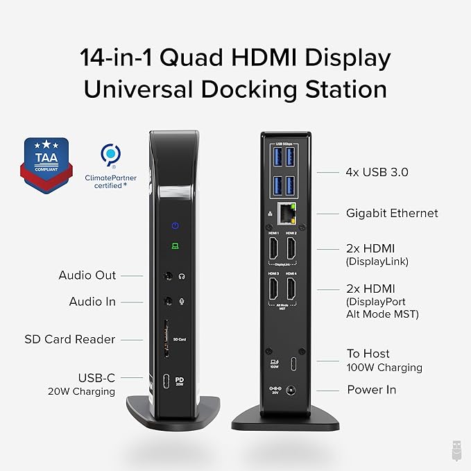 Plugable 14-in-1 USB C Docking Station | 4X HDMI Quad Dock with 100W Charging, HDMI Displays | Compatible with Windows, Thunderbolt (4X USB, 1x USB-C, Ethernet, SD Card, Audio) UD-3900C4