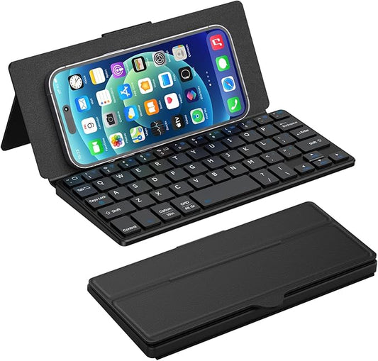 Doohoeek Universal Bluetooth Keyboard for Samsung Galaxy Z Fold, iPad mini 7 2024 & Phones, Dual Bluetooth Mini Keyboard with Any-Angle Kickstand & Leather Cover for Android, Windows and iOS