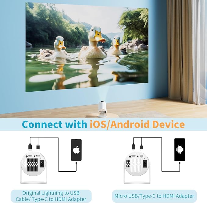 Mini Projector Portable Proyector 4K Support, Full HD 1080P Small Projector with 270° Rotatable Stand, Movie Projector Compatible with TV Stick/Smartphone/HDMI/USB for Bedroom/ Outdoor Camping