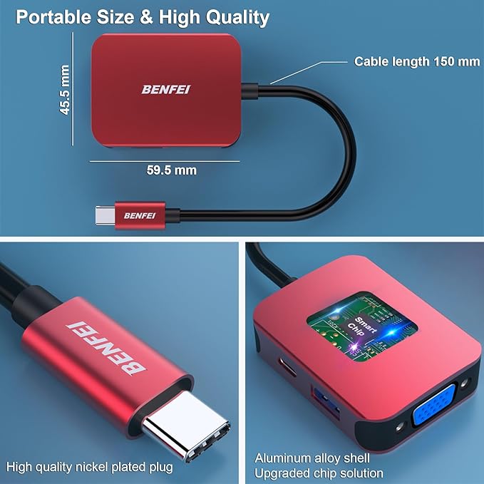 BENFEI USB C HUB 4-in-1, USB Type-C to HDMI VGA Adapter, USB C to USB Adapter, USB Type-C Power Delivery, Compatible with iPhone 15 Pro/Max, MacBook Pro/Air 2023, iPad Pro, iMac, S23, XPS 17