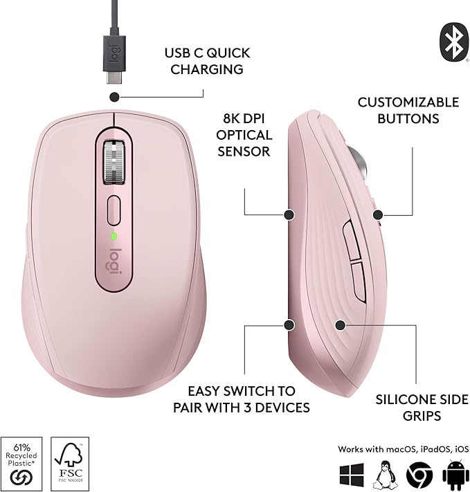 Logitech MX Anywhere 3S Compact Wireless Mouse, Fast Scrolling, 8K DPI Any-Surface Tracking, Quiet Clicks, Programmable Buttons, USB C, Bluetooth, Windows PC, Linux, Chrome, Mac - Rose