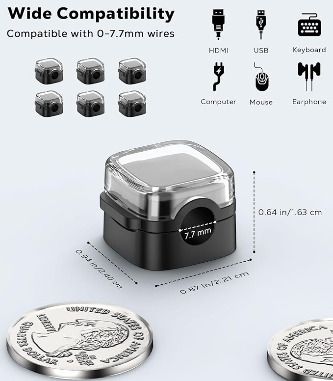 MoKo 6 Pack Magnetic Cable Clips, Under Desk Cable Management, Adhesive Magnetic Cord Holder, Magnetic Cord Organizer Wire Holder Keeper Organizer for Nightstand Desk Office Car Wall Glass, Black