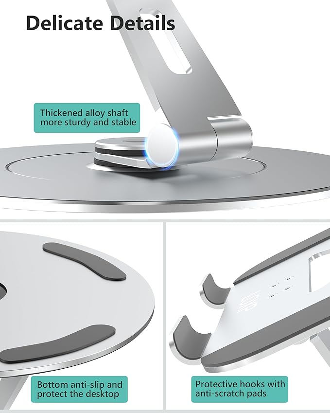 Ultra-Stable Swivel Laptop Stand for Desk with 360 Rotating Larger Base, Aluminum Anti-Loosening Structure, Height Adjustable Laptop Stand, Fits 10"-17.3" Laptops，Silver