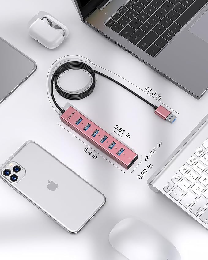 FORIDA USB Hub Long Cable 8 Ports multiport Adapter with 7-USB3.0 Data Ports and Type-C 5V/3A Power Port,USB Extender for Laptop PC and More (Rose Gold, USB A-47in)