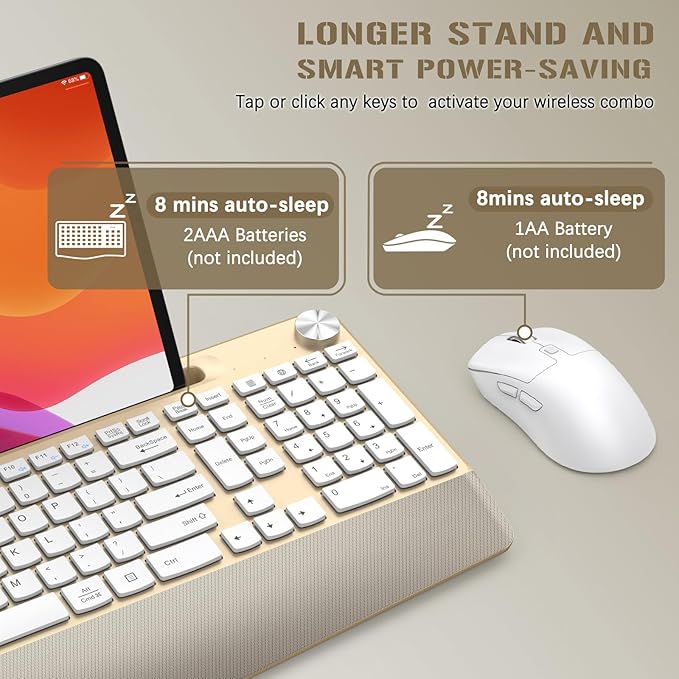 Ergonomic Wireless Keyboard and Mouse with Wrist Rest，Phone Holder - 2.4GHz Full-Sized Low-Profile Quiet Gold Wireless Mouse and Keyboard Combo for Computer, Laptop, PC, Mac-Gold