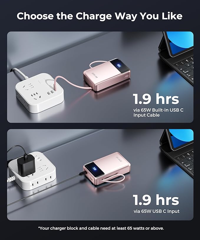 Portable Charger Power Bank - 30000mAh 65W Laptop Travel Essentials Battery Pack USB C Built in Cable Phone Fast Charging Compatible with iPhone 16 15 14 13 iPad MacBook Samsung Google (Pink)