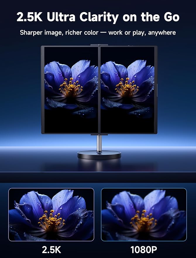 JSAUX FlipGo Touchscreen 16" Dual Portable Monitor, 2.5K Triple Laptop Touch IPS Screen Foldable Extender for Laptop[for Windows/Linux] One Cable to Dual/Magnetic Design/Built-in HUB/HiDPI Display