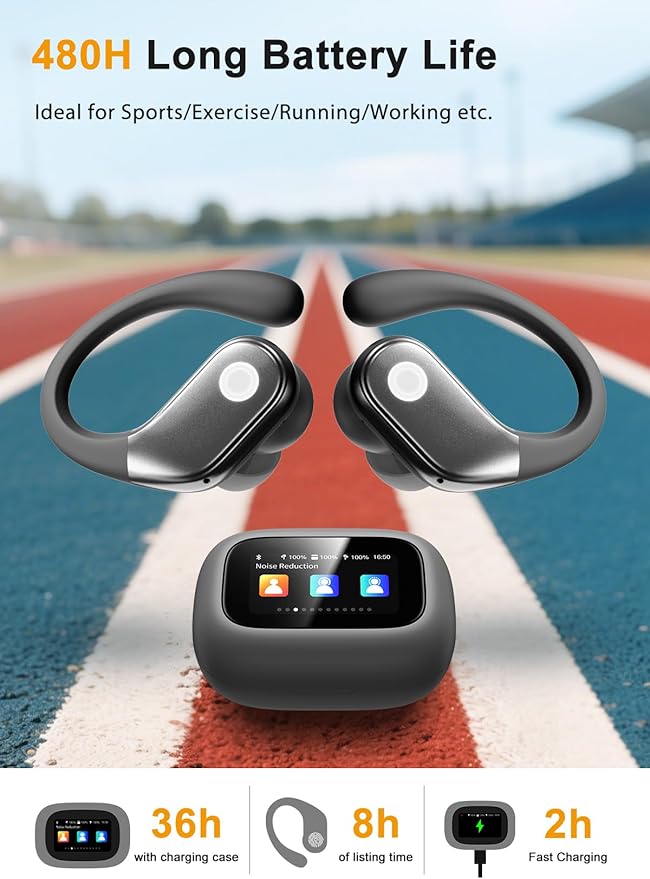 Wireless Earbuds, ANC Noise Cancelling Sport Ear Buds with Multifunctional Touch Screen Case, Bluetooth 5.4 Headphones, Bass Stereo Sound, 5 EQ Over-Ear Earbuds for Sports/Workout/Gym-Grey