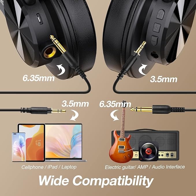 OneOdio A70 Bluetooth Over Ear Headphones, Wireless Headphones with 72H Playtime, Hi-Res, Built-in Mic, 3.5mm/6.35mm Wired Audio Jack for Studio Monitor & Mixing DJ Guitar AMP, Computer Laptop PC