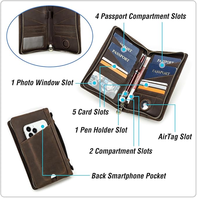 Top Grain Leather Travel Passport Wallet Holder Case for Man & Woman, Handmade for 4 Passports & Multi Cards, RFID Blocking Large Capacity for Cards/Passports/Tickets/AirTag, Matte Coffee